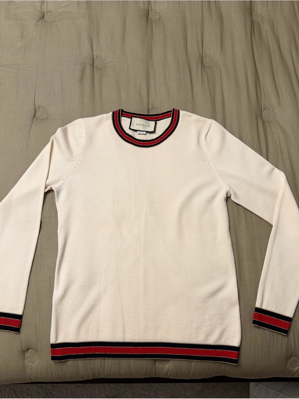 Gucci Men's Cream Crewneck Sweater with Red & Black Stripe Trim